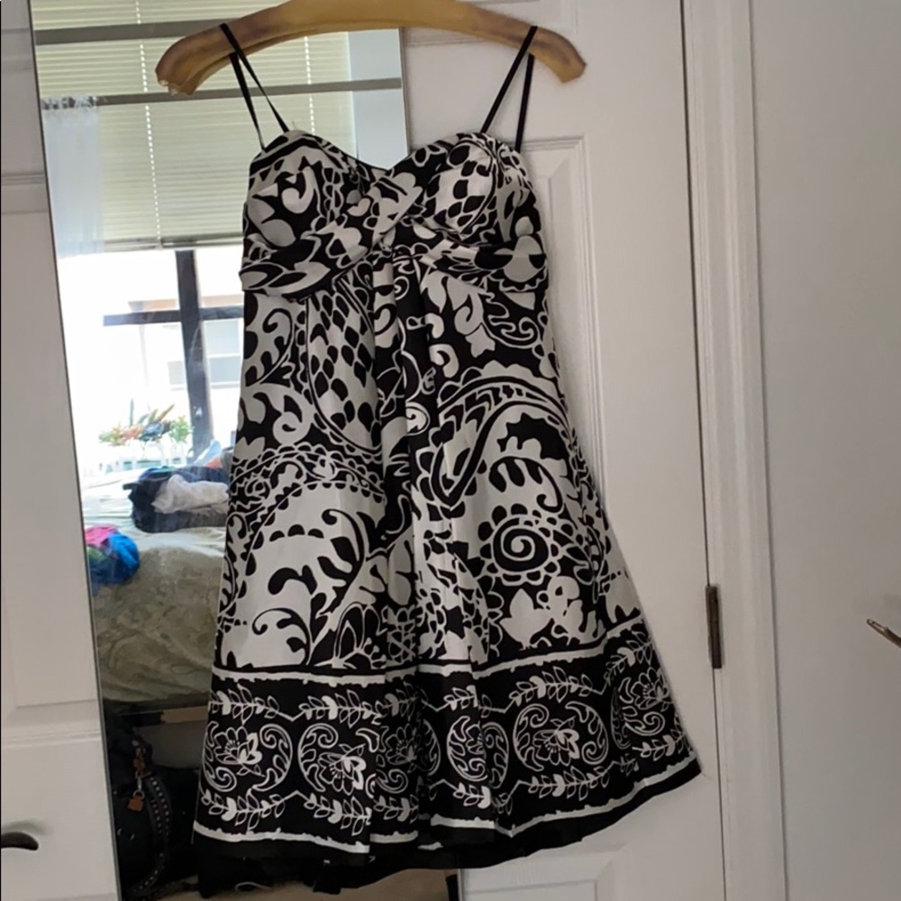 Strapless formal dress.